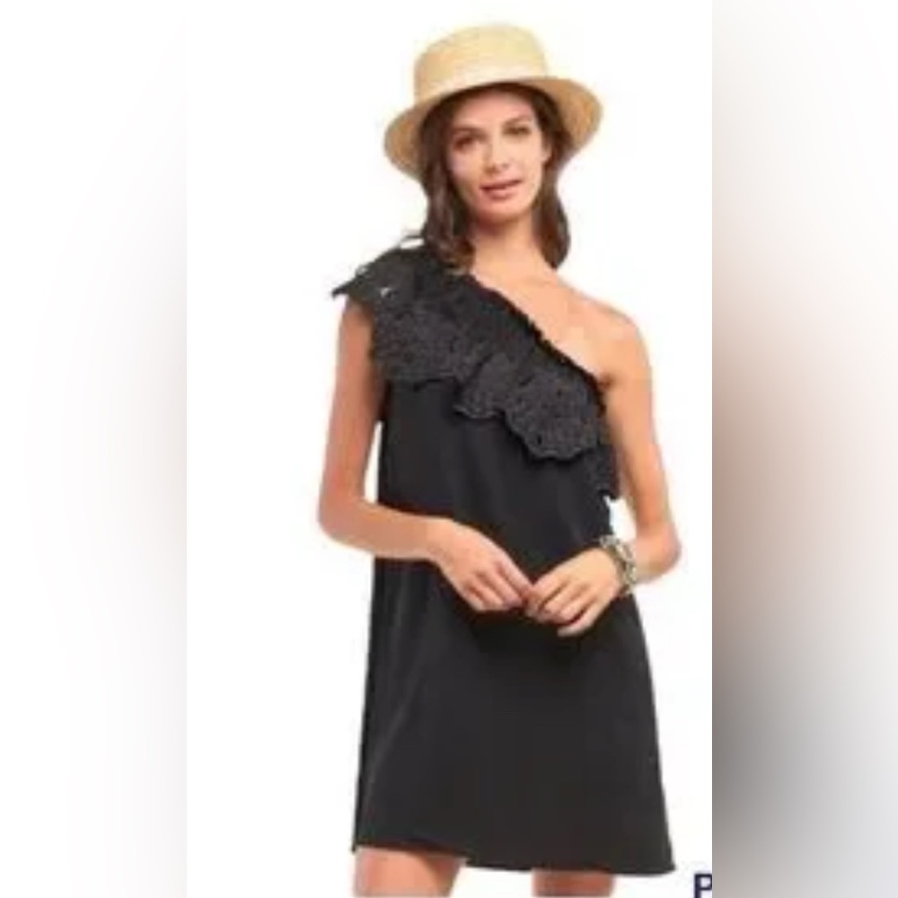 JAYGODFREY Black One-Shoulder Dress with Lace Ruffle Detail size 8